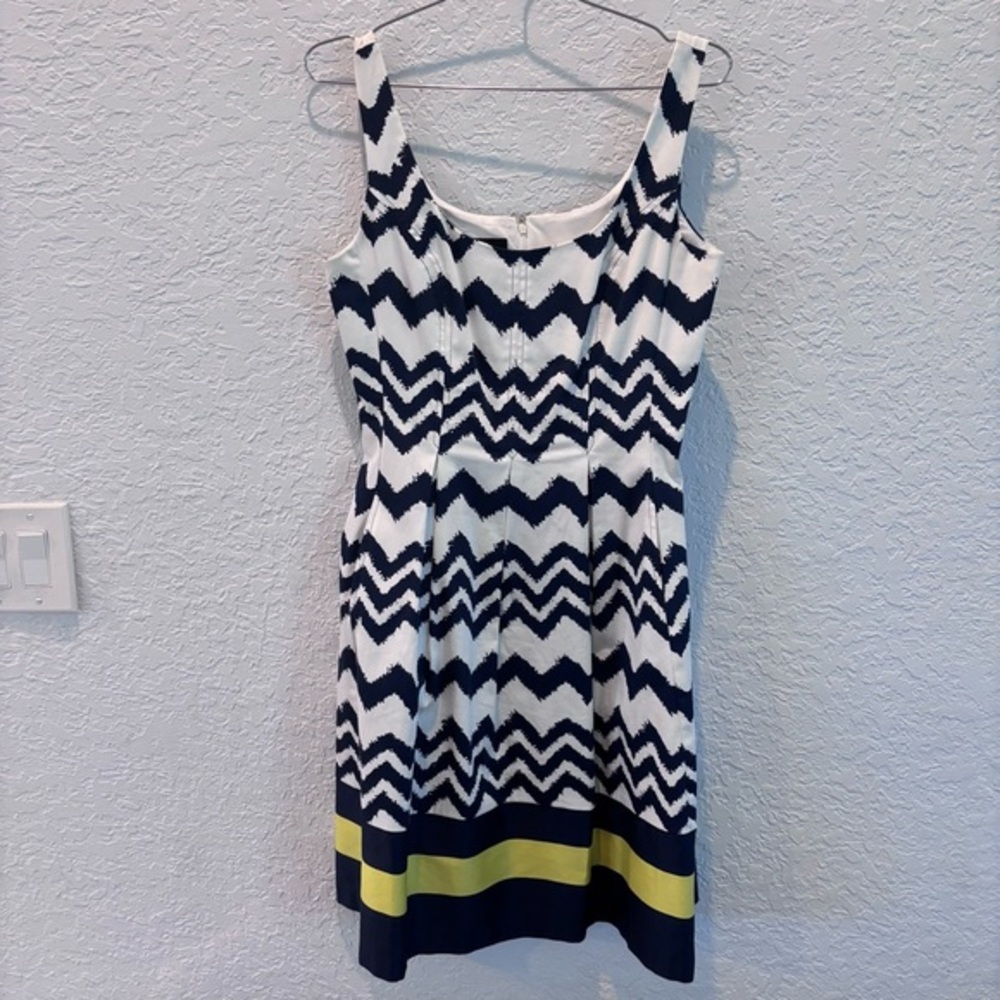 Nine West Navy and White Zigzag Midi Dress with Yellow Trim